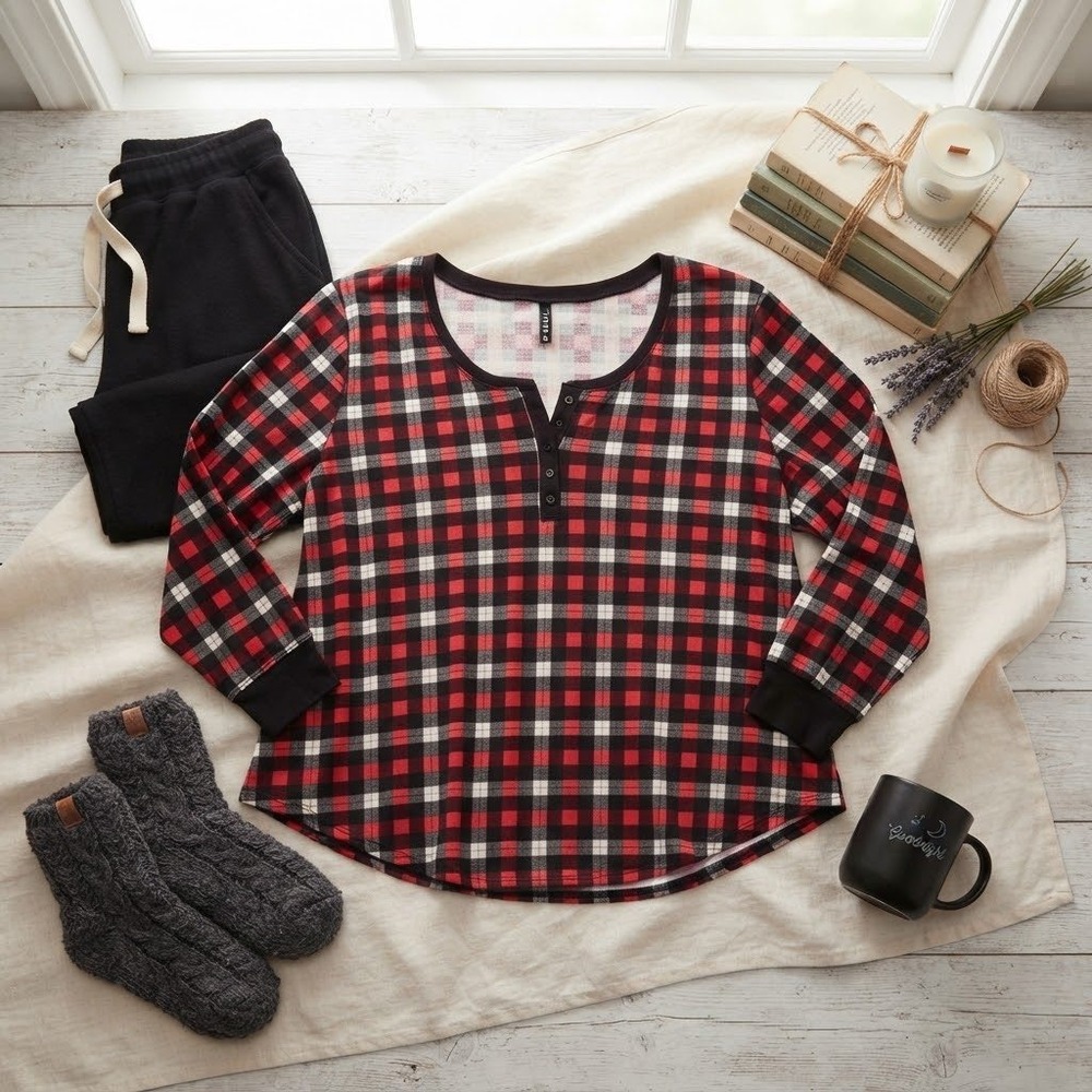 Torrid Sleep Red Buffalo Plaid Thermal Henley Pajama Top Plus Size 5 5X